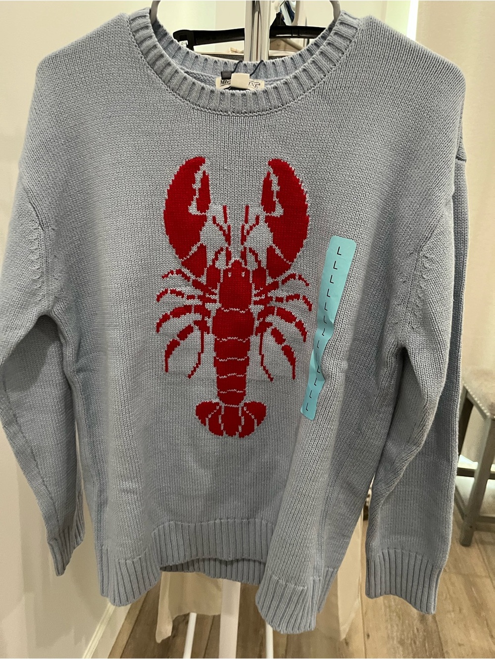 Mighty Fine Light Blue Sweater with Red Lobster Motif
